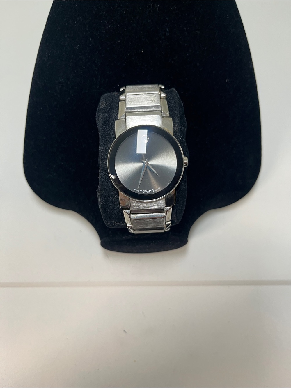 Movado Men's Silver and Black Museum Dial Watch Y2K trendy, sharp work casual